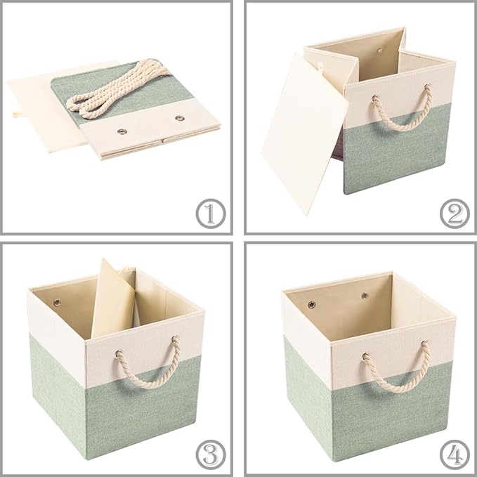 PRANDOM Large Foldable Cube Storage Bins 11x11 inch [4-Pack] Fabric Linen Storage Baskets Cubes Drawer with Cotton Handles Organizer for Shelves Nursery Closet Bedroom Beige/Green