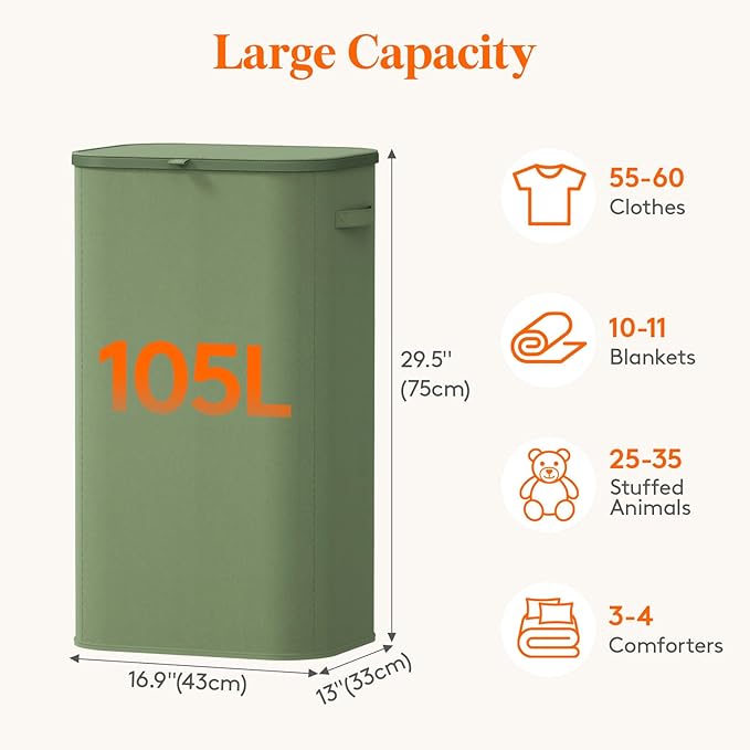 Lifewit 105L Large Laundry Basket with Lid, Laundry Hamper with Plastic Handles and Removable Bag, Foldable Tall Dirty Clothes Hampers for Laundry for Laundry Room, Bedroom, Bathroom, Dorm, Green