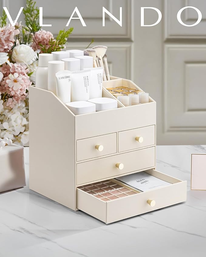 VLANDO Makeup Organizer Countertop,Large Vanity Organizer PU Leather Make up Storage with 4 Drawers Perfume Organizers Cosmetic Display Case for Lipstick,Brushes,Bedroom-Beige