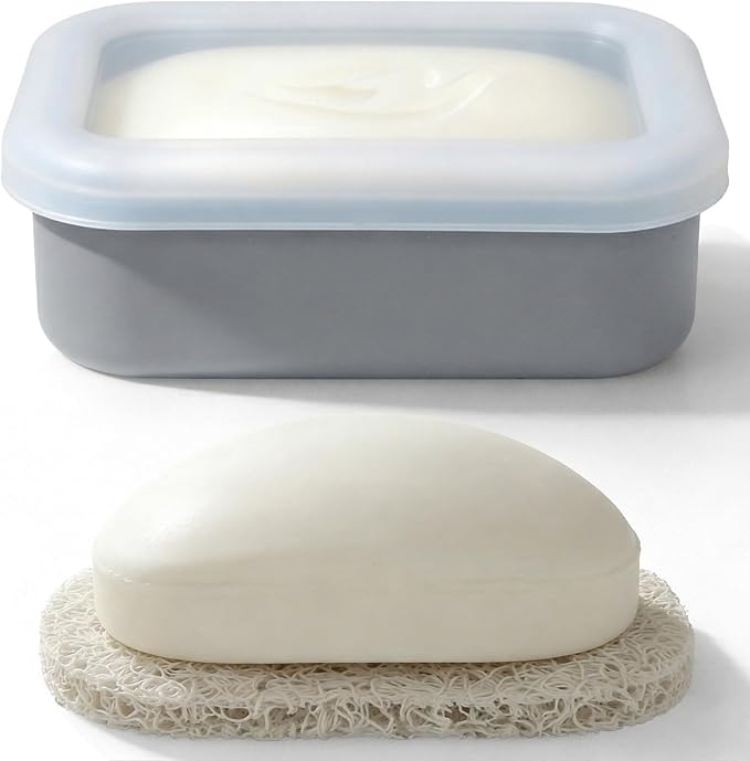 AIMAIAIMAI Compact Leakproof Travel Soap Case, Silicone Travel Soap Container, Portable Soap Box with Drainage Layer, Shatterproof Soap Holder for Bathroom, Gym (Gray)