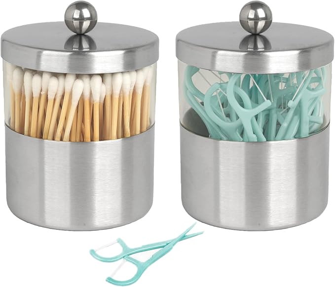 Gaussra Apothecary Jars, Qtip Holder - Brushed Stainless Steel Bathroom Jar with Stickers - Farmhouse Decor Qtip Dispenser for Qtips, Cotton Balls, Swabs, Makeup Sponges (2 Pack, Brushed Nickel)