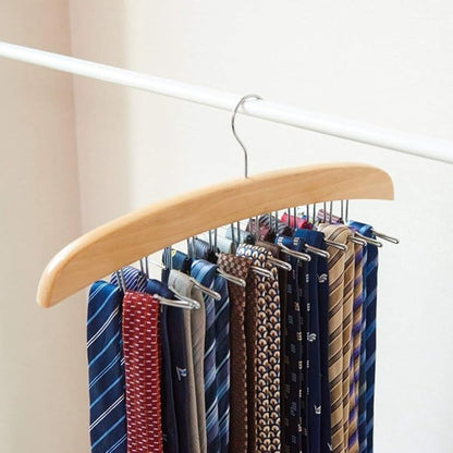 Wooden Tie Hanger,24 Tie Organizer Rack Hanger Holder Hook (Beige, 24 Hooks)