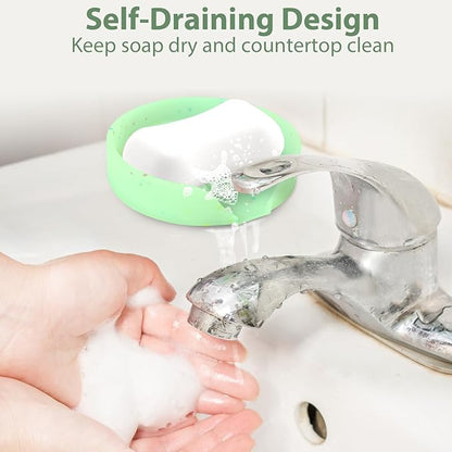 Silicone Bathroom Soap Dishes, Self Draining Waterfall Bar Soap Holder & Saver, Dish Soap Tray, Sponge Holder, 13 Non-Slip Suction Cups Dishwasher Safe for Bathroom Kitchen Shower Sink Organizer Green