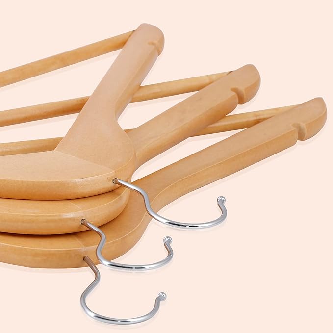 JupiterForce Wooden Clothes Hangers 50 Pack, Non-Slip Wood Hangers with 360° Swivel Hook & Shoulder Grooves, Coat Hanger for Suits, Coats, Shirts, Pants, Jackets and Dress(Natural)