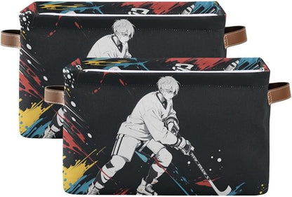 Storage Basket Hockey Player Durable Canvas Collapsible Toy Box Organizer Bin with Handles for Shelf Closet Bedroom Home Office