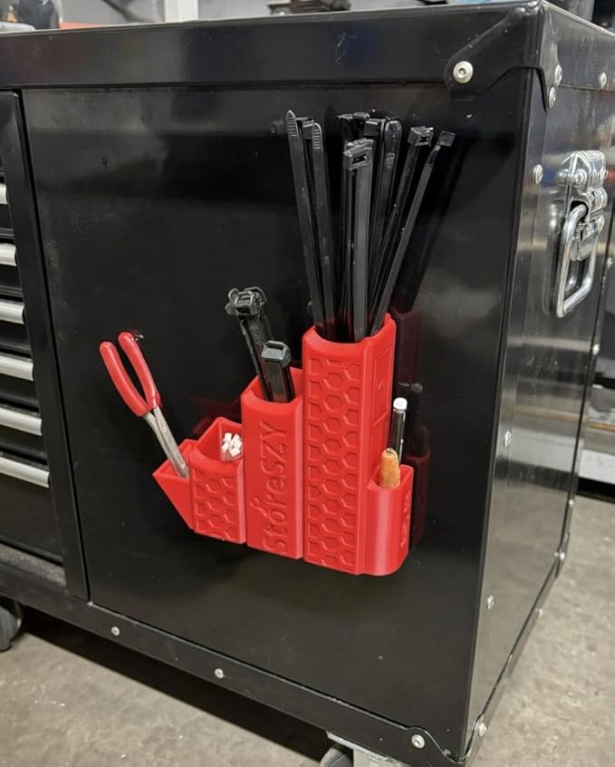ZipStation Pro Zip Tie Organizer – 3 Tier Holder with Cutter Slot & Pen Storage – Magnetic Toolbox Organizer (Red)