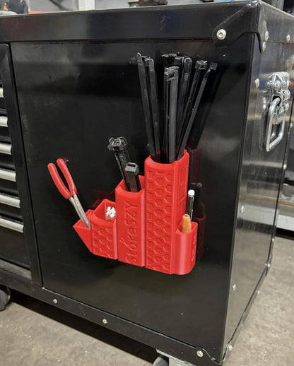 ZipStation Pro Zip Tie Organizer – 3 Tier Holder with Cutter Slot & Pen Storage – Magnetic Toolbox Organizer (Red)