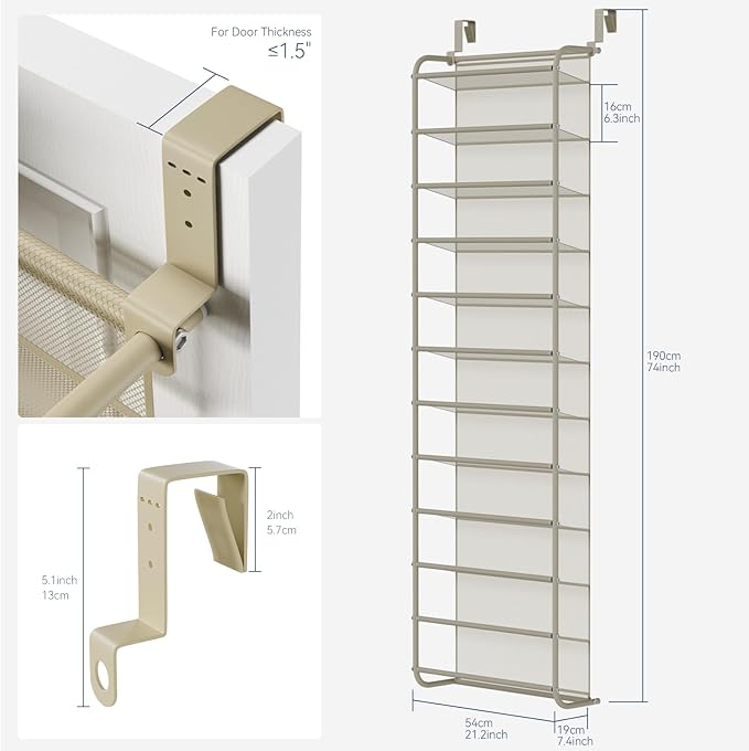 Whitmor 36 Pair Over The Door Shoe Organizer, 12 Tier Hanging Shoe Organizer, Heavy Duty Metal & Mesh Shoe Holder, Hanging Shoe Rack for Closet Organizer & Storage, 74" L x 21.7" W x 7.5" H, Oat
