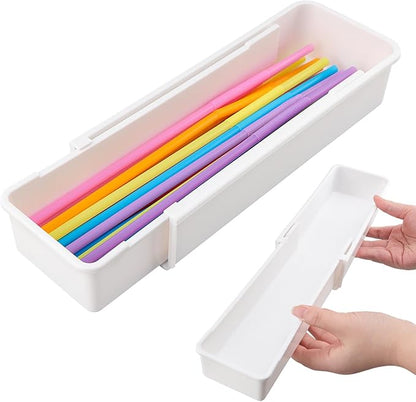 Expandable Straw Organizer Drawer for Cabinet, Reusable Long Straw Container Long Drawer Organizer for Kitchen Home(COLOR:white)