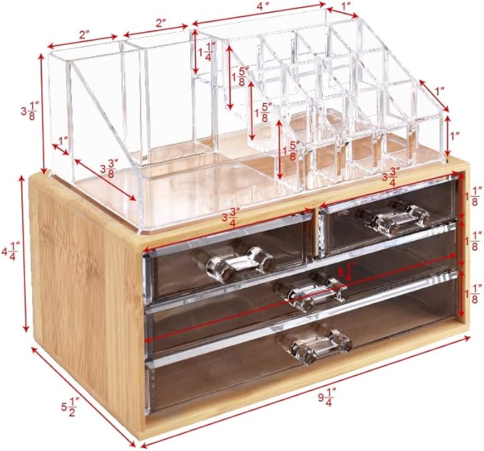 Ikee Design Bamboo Acrylic Makeup Organizer with 4 Drawers and Removable Top Lipstick Holders, Ideal for Make-up or Accessories,Enhance Your Vanity or Bathroom with Clear Design for Quick Visibility