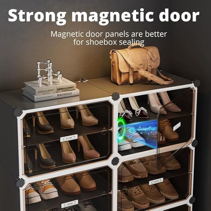 MAGINELS 6-Tier Shoe Rack,Expandable Plastic Shoe Cabinet. Shoe Storage with Door,Entryway, Closets, Hallway, and Bedroom.Accommodates Up to 24 Pairs of Shoes.Grey (3 by 10-(60 Pairs))