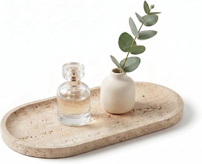 YKAJO Oval Real Marble Tray for Bathroom Kitchen Counter Stone Decorative Vanity Tray for Dresser Perfume Heavy Catchall Organizer for Soap Jewelry (Yellow Travertine, 9.8" x 4.7")