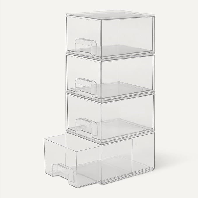 Amazon Basics Stackable Plastic Storage Makeup Organizer Drawers, Clear, 7.5" x 6" x 4.5", 4 Pack