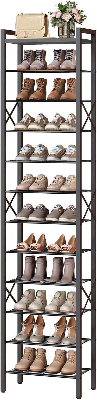 YATINEY 12-Tier Narrow Shoe Rack, Tall Shoe Rack for 12-24 Pairs, Slim Shoe Storage Organizer with Wooden Top, Space Saving, Metal Frame, for Entryway, Black SS61BB