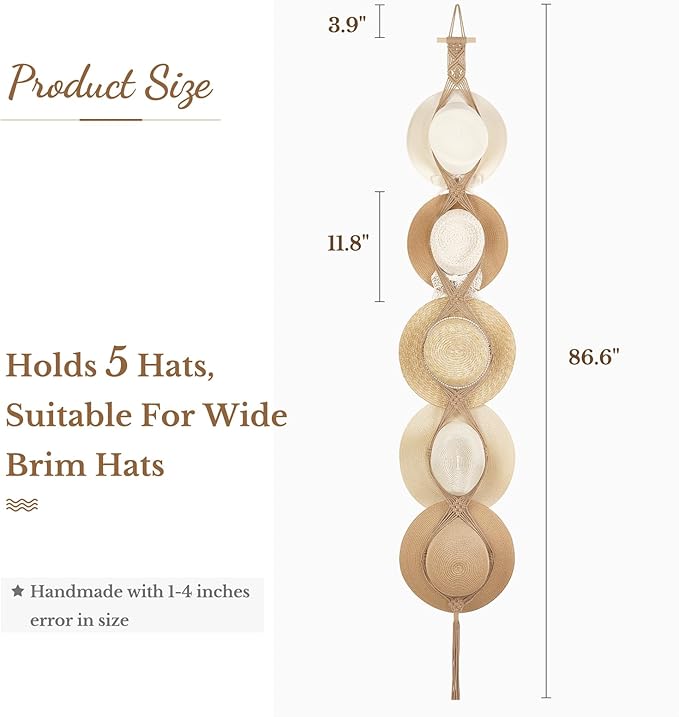 Dahey Macrame Hat Hangers Hat Rack for Wall Cowboy Hat Organizer Hanging Display Hand Weaving Bobo Hat Holder Western Decor for Wide Brim Hats Bowler Fedora Hats, 5 Hat Style Brown