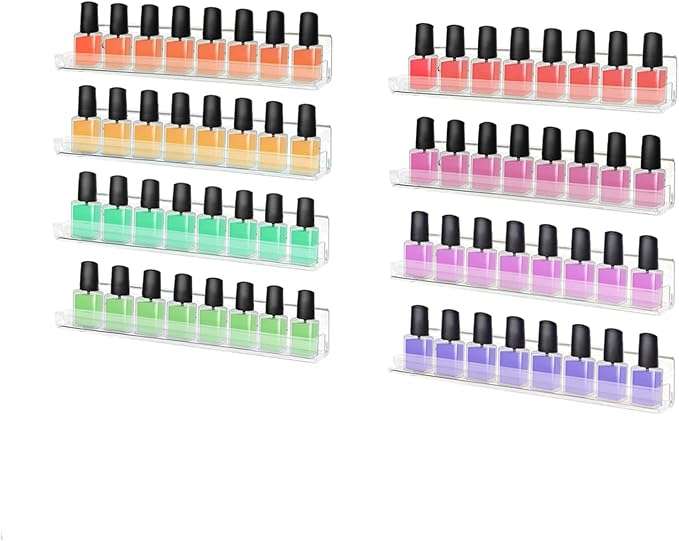 ROYALITA 8-Pack Acrylic Shelves - Nail Polish Organizer Wall Mounted Shelves, Nail Polish Rack with Removable Anti-Slip End Inserts, Nail Polish Holder for Bottles Nail Polish Display & Storage Shelf