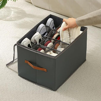 Fabric Shoe Organizer Storage Box,With Adjustable Dividers For Shoe Box,12 Separate Compartments For Boots Heels Sneakers (Black,Set1)