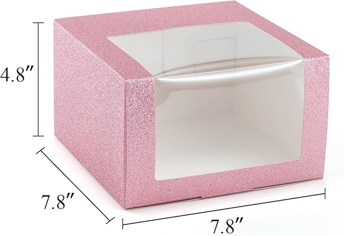 LADYBRO 10 Pack 7.8" x 7.8" x 4.8" Black Gift Boxes with Window Display for Hat Storage Containter for Baseball Caps (Fitted, Snapbacks, Trucker) (Glitter Pink, 7.8" x 7.8" x 4.8")