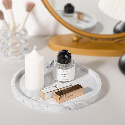 Silicone Bathroom Tray Round Vanity Tray Decorative Soap Holder Kitchen Countertop Organizer Coffee Table Decor for Candle, Perfume, Plant, 9 Inch, Marble Grey