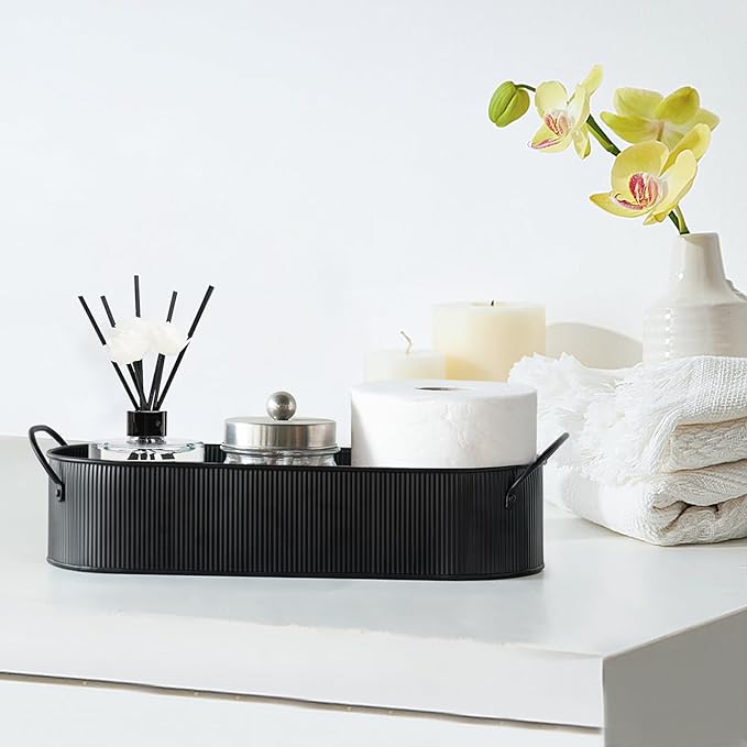 Mkono Metal Storage Basket for Toilet Tank Top Bathroom Decor, Galvanized Tray with Handle for Shelves, Farmhouse Toilet Paper Holder Organizing Bin Box for Countertop Living Room, Set of 2, Black
