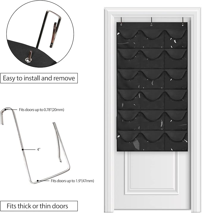Dofilachy Hat Rack - Hat Organizer - Hat Racks for Baseball Caps, Visible Hat Holder - Baseball Hat Rack for Wall Door with 3 Hooks, 18 Deep Pockets(Black, medium)