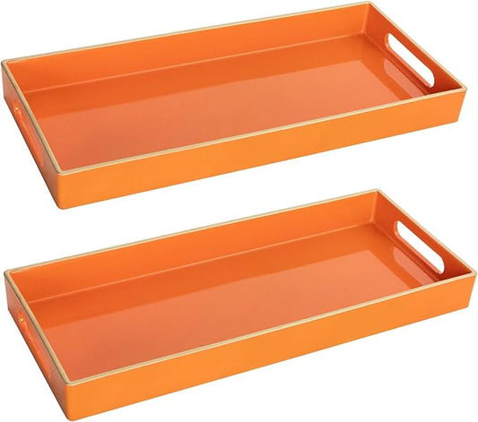 MAONAME Orange Vanity Tray Set of 2, Plastic Decorative Tray with Handles, Small Narrow Trays, Rectangular Bathroom Trays for Toilet Tank, 13.8" X 6" X 1.57"