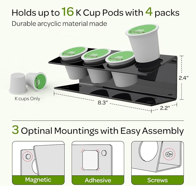 LifeMoreasy K Cup Holders, Acrylic Coffee Pods Organizer Stand Magnetic & Self-Adhesive Wall Mounted K Cup Stand for Kitchen Wall, Cabinet, Fridge (4 Pack for 16 Pods)