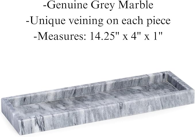Bey-Berk Marble Bath Tray in Cloud Grey, 14.25" Slim Vanity Organizer, Serene Stone Accent