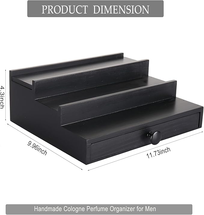 Black Wooden Cologne Organizer for Men - 3 Tier Wooden Perfume Display Stand with Drawer and Hidden Compartment for Organizing and Storing, Cologne Holder Shelf for Dresser