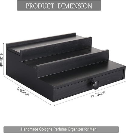 Black Wooden Cologne Organizer for Men - 3 Tier Wooden Perfume Display Stand with Drawer and Hidden Compartment for Organizing and Storing, Cologne Holder Shelf for Dresser