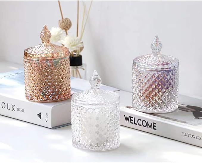 Colorful Home Decorative Jar Qtips Holder Dispenser Glass Storage Container Bathroom Counter Vanity Organizer for Bath Salts/Swabs/Rounds Makeup Sponges Toothpick Jewelry(Amber,10 oz)