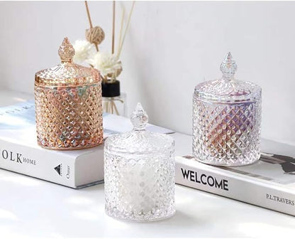 Colorful Home Decorative Jar Qtips Holder Dispenser Glass Storage Container Bathroom Counter Vanity Organizer for Bath Salts/Swabs/Rounds Makeup Sponges Toothpick Jewelry (Amber,10 oz，2