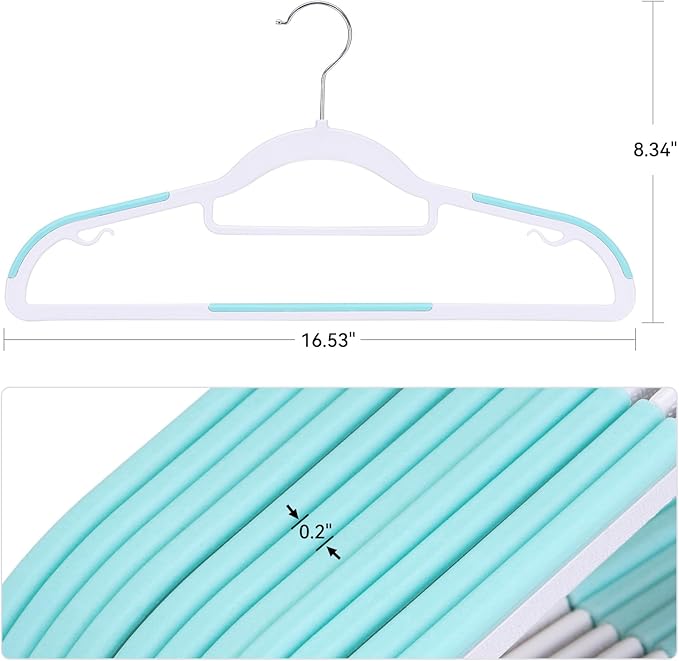 Tonswachic Pack of 30 Coat Hangers, Space-Saving Plastic Clothes Hangers, Non-Slip, 0.2 Inches Slim, 360° Swivel Silver Hook for Shirts, Pants, Suit & Wet/Dry Garments, Blue and White