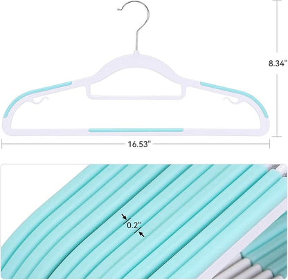 Tonswachic Pack of 50 Coat Hangers, Space-Saving Plastic Clothes Hangers, Non-Slip, 0.2 Inches Slim, 360° Swivel Silver Hook for Shirts, Pants, Suit & Wet/Dry Garments, Blue and White