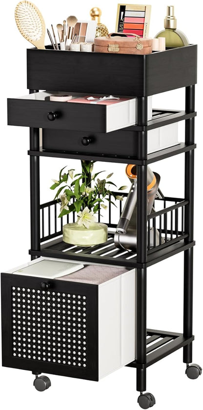 Amazer Bamboo Makeup Organizer Cart with 3 Drawers, Floor Skin Care Storage for Bathroom Bedroom, Rolling Vanity Organizer Cart for Cosmetic, Nail Polish, Perfume and Hair Tools, Black