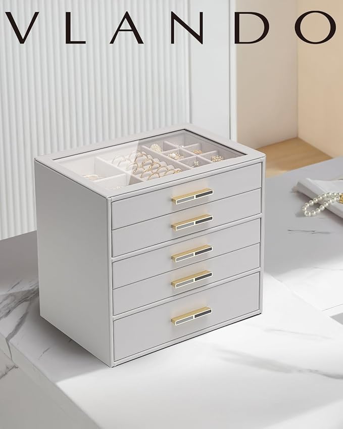 VLANDO 5 Layer Jewelry Box for Women, Glass Lid Jewelry Organizer with 5 Drawers for Necklaces Rings Earrings Bracelets - Grey