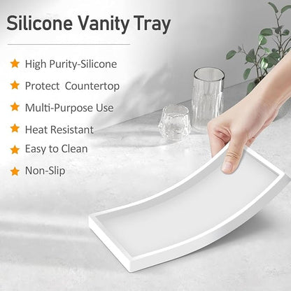 Bathroom Counter Tray,EG-SIPRO High-Grade Thickened Silicone Bathroom Vanity Tray,Shatterproof Durable Rectangle Bathroom Soap Dispenser Tray for Bathroom Countertop,White,Small+Large (EGTRAY)