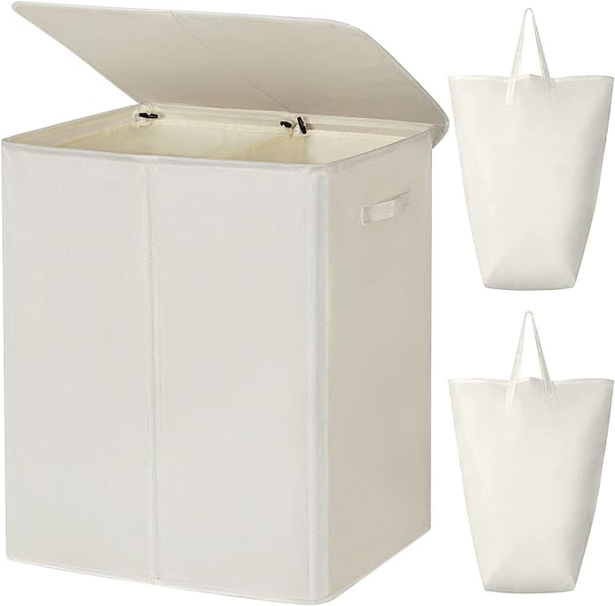 WOWLIVE 154L Double Laundry Hamper with Lid and Removable Laundry Bags, Large Dirty Clothes Hamper 2 section Collapsible Laundry Basket Dorm Room Storage for Bedroom, Bathroom, College,Beige