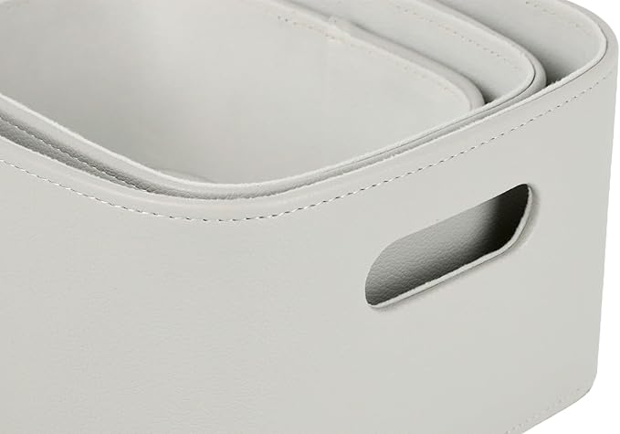 HofferRuffer Faux Leather Storage Baskets Bins with Velvet Lining for Organizing, Storage, Gifts, Set of 3 Nesting Shelf Baskets Decorative Storage Boxes for Home Organization (Grey)