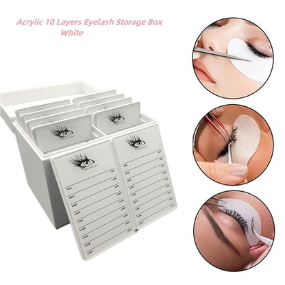 10 Layers Acrylic Eyelash Storage Box,Eyelash Holder Extension Tool,Makeup Organizer False Eyelashes Glue Pallet Holder, Grafting Eye lashes Close-Packed Display with 10 Pallets (White)