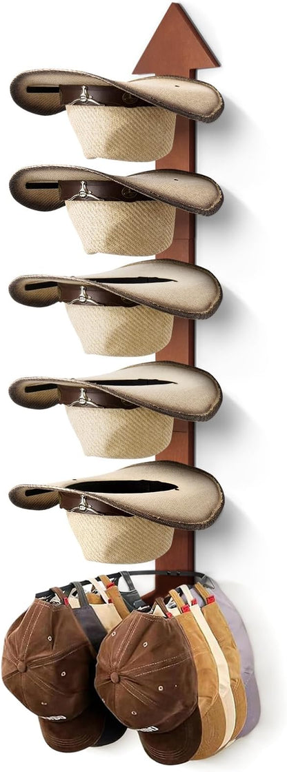Cowboy Hat Holder for Wall 6 Pieces Arrow Solid Wood with Metal Western Hat Rack Wall Decor Hat Organizer Hanger Storage for Entryway Closet Living Room Bedroom Cherry Brown