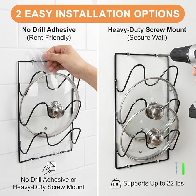 2 Pack Pot Lid Organizer Rack for Cabinet Door or Wall, 6-Tier Pot Lid Holders, No Drilling Pan Cover Holder with 6 Adhesive Clips, Rustproof Kitchen Kit Storage Rack