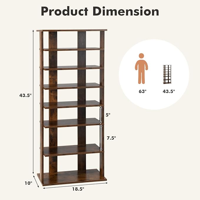 COSTWAY 7 Tiers Shoe Rack, Double Rows Vertical Tall Narrow Patented Shoe Organizer, Free Standing Shoe Rack for Small Space, Entryway, Closet, Living Room, Bedroom (Rustic Brown)