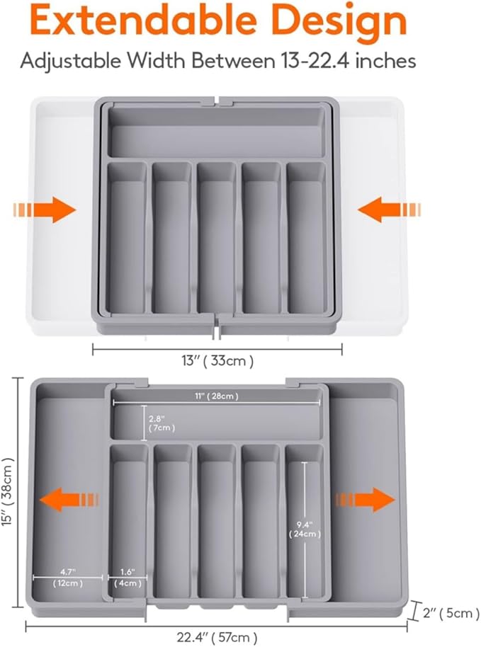 YWHWXB Silverware Drawer Organizer,Expandable Utensil Tray,Large Kitchen Drawer Organizer,Adjustable Plastic Flatware Organizer for Flatware Cutlery Spoon Knives Drawer Storage Organization (Grey)