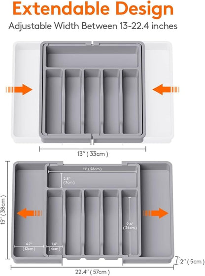 YWHWXB Silverware Drawer Organizer,Expandable Utensil Tray,Large Kitchen Drawer Organizer,Adjustable Plastic Flatware Organizer for Flatware Cutlery Spoon Knives Drawer Storage Organization (Grey)