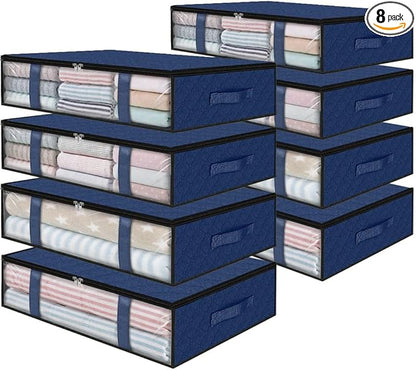 StorageRight Under Bed Storage Bags 8 Pack, 40L Large Clothes & Comforter Storage Containers with Clear Window, Breathable Fabric Organizer for Blankets, Bedding, Seasonal Clothing, Blue