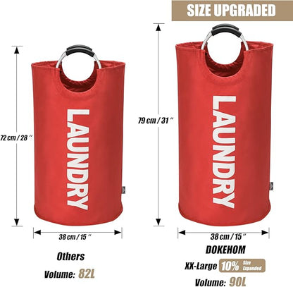 DOKEHOM 90L Large Laundry Basket, Collapsible Laundry Bag, Freestanding Tall Clothes Hamper, Foldable Washing Bin (Red)
