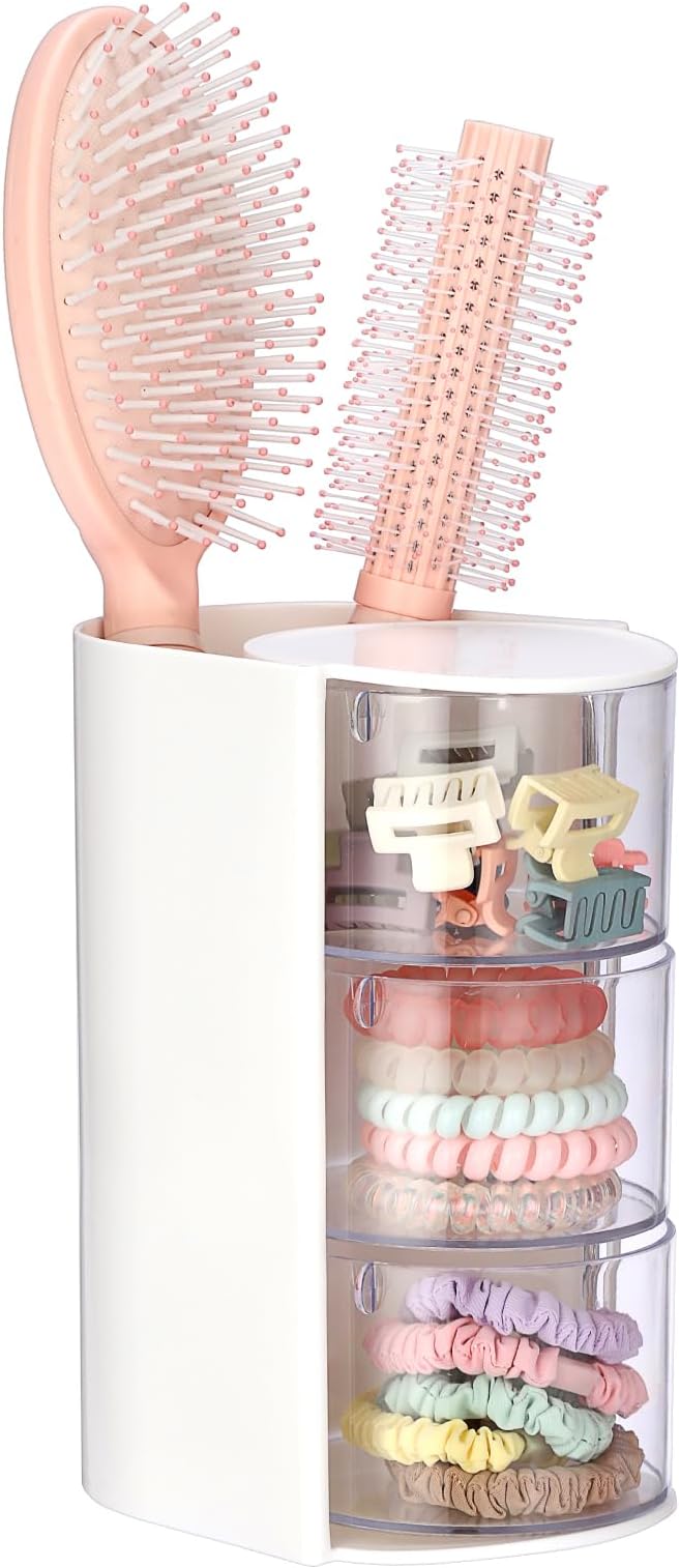 Rotating Hair Accessories Organizer with Comb Holder Plastic Hair Clips Storage Container Cosmetic Storage Box for Makeup Sponge Brush, 3-Layer White
