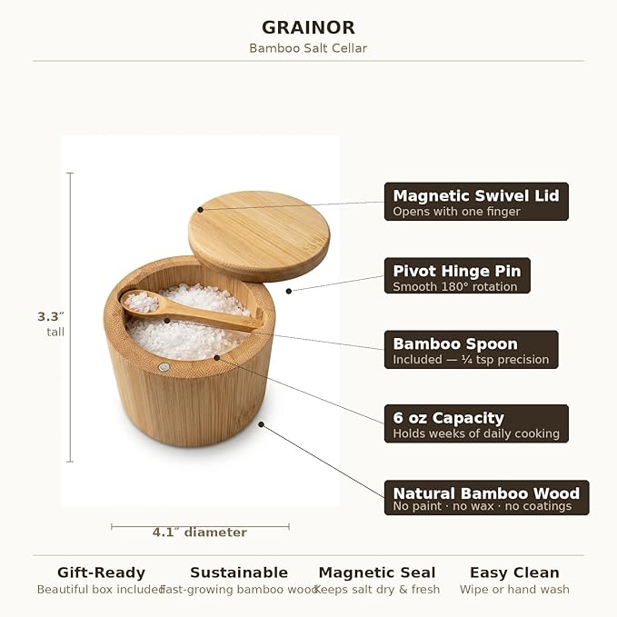 Salt Cellar with Magnetic Swivel Lid and Spoon – Bamboo Salt Box for Countertop, 6 oz Wooden Salt Container | Stores Sea Salt, Kosher Salt, Spices, Pepper & Sugar | Housewarming Gift for Home Cooks