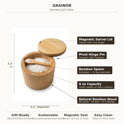 Salt Cellar with Magnetic Swivel Lid and Spoon – Bamboo Salt Box for Countertop, 6 oz Wooden Salt Container | Stores Sea Salt, Kosher Salt, Spices, Pepper & Sugar | Housewarming Gift for Home Cooks